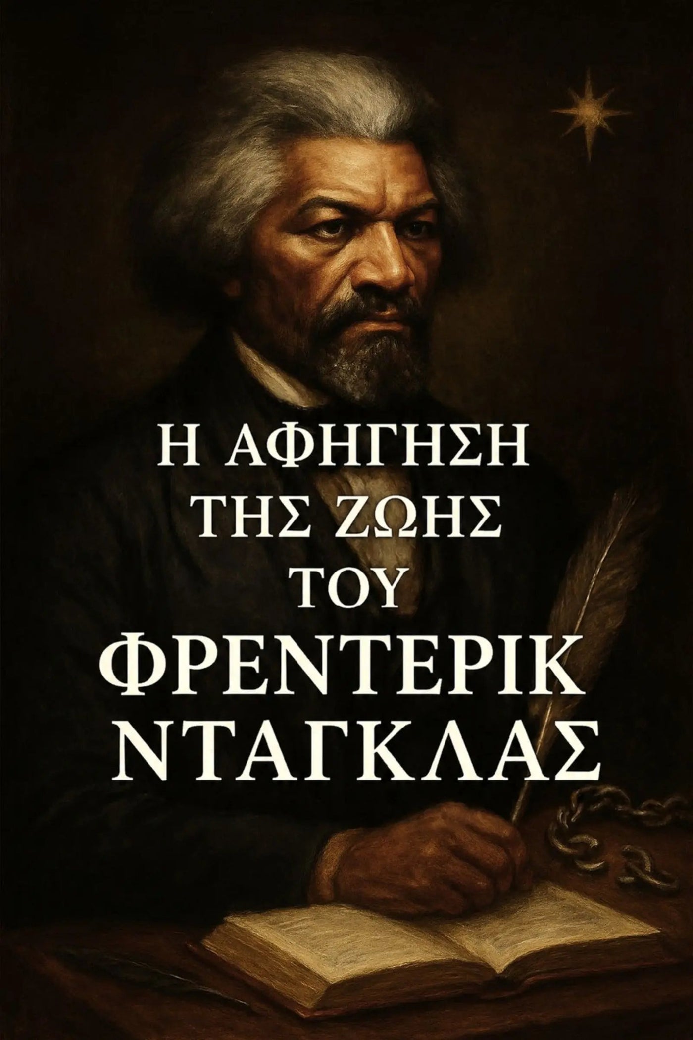 A dark, painterly portrait of a bearded man with gray hair, seated at a desk with an open book and quill, overlaid with large white Greek text reading 'Η αφήγηση της ζωής του Φρέντερικ Ντάγκλας'. 