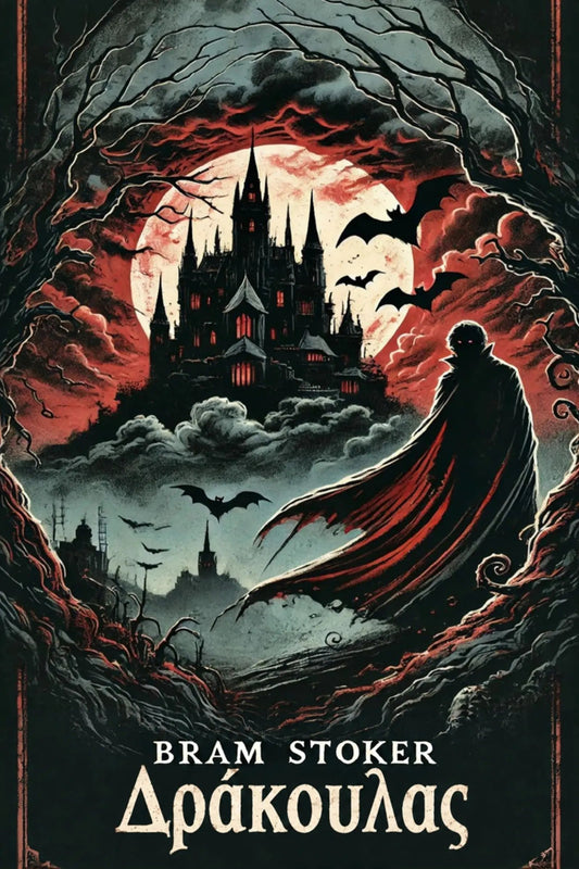 Book cover for Bram Stoker's 'Δράκουλας', featuring a dark gothic castle under a red moon, bats, swirling clouds, and a cloaked figure in the foreground.