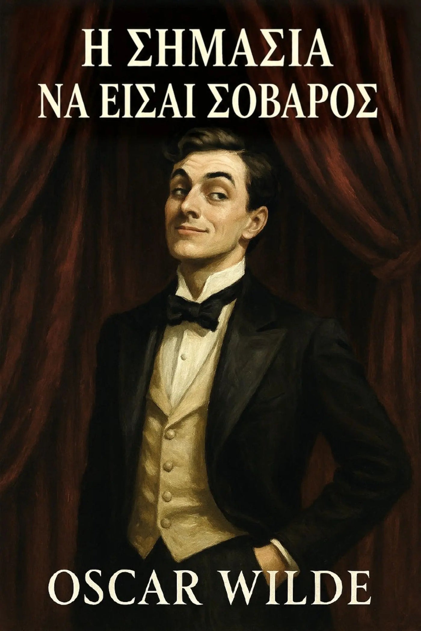 A book cover for 'Η σημασία να είσαι σοβαρός' featuring a painted portrait of a man in a black tuxedo with a cream vest and bow tie, posed in front of dark red curtains. 