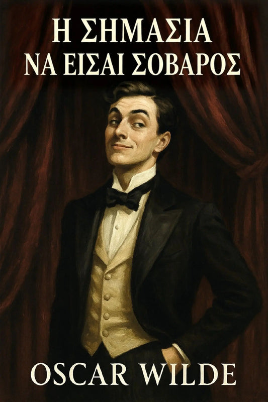 A book cover for 'Η σημασία να είσαι σοβαρός' featuring a painted portrait of a man in a black tuxedo with a cream vest and bow tie, posed in front of dark red curtains. 