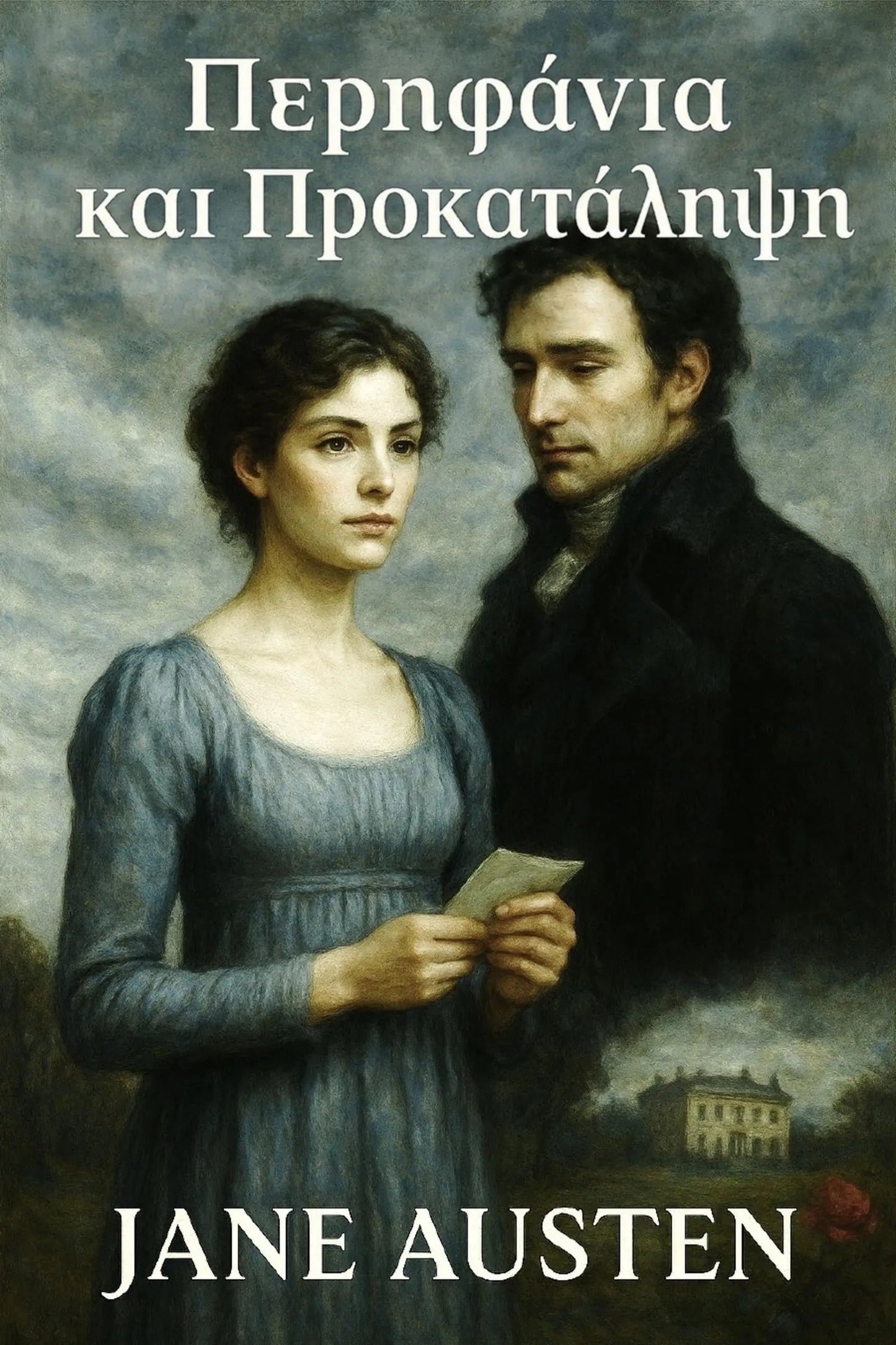 Book cover for Jane Austen's 'Περηφάνια και Προκατάληψη' featuring a classical painting of a woman in a blue dress holding a letter from a man in a dark coat, with the title and author name in white text.