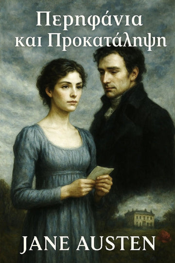 Book cover for Jane Austen's 'Περηφάνια και Προκατάληψη' featuring a classical painting of a woman in a blue dress holding a letter from a man in a dark coat, with the title and author name in white text.