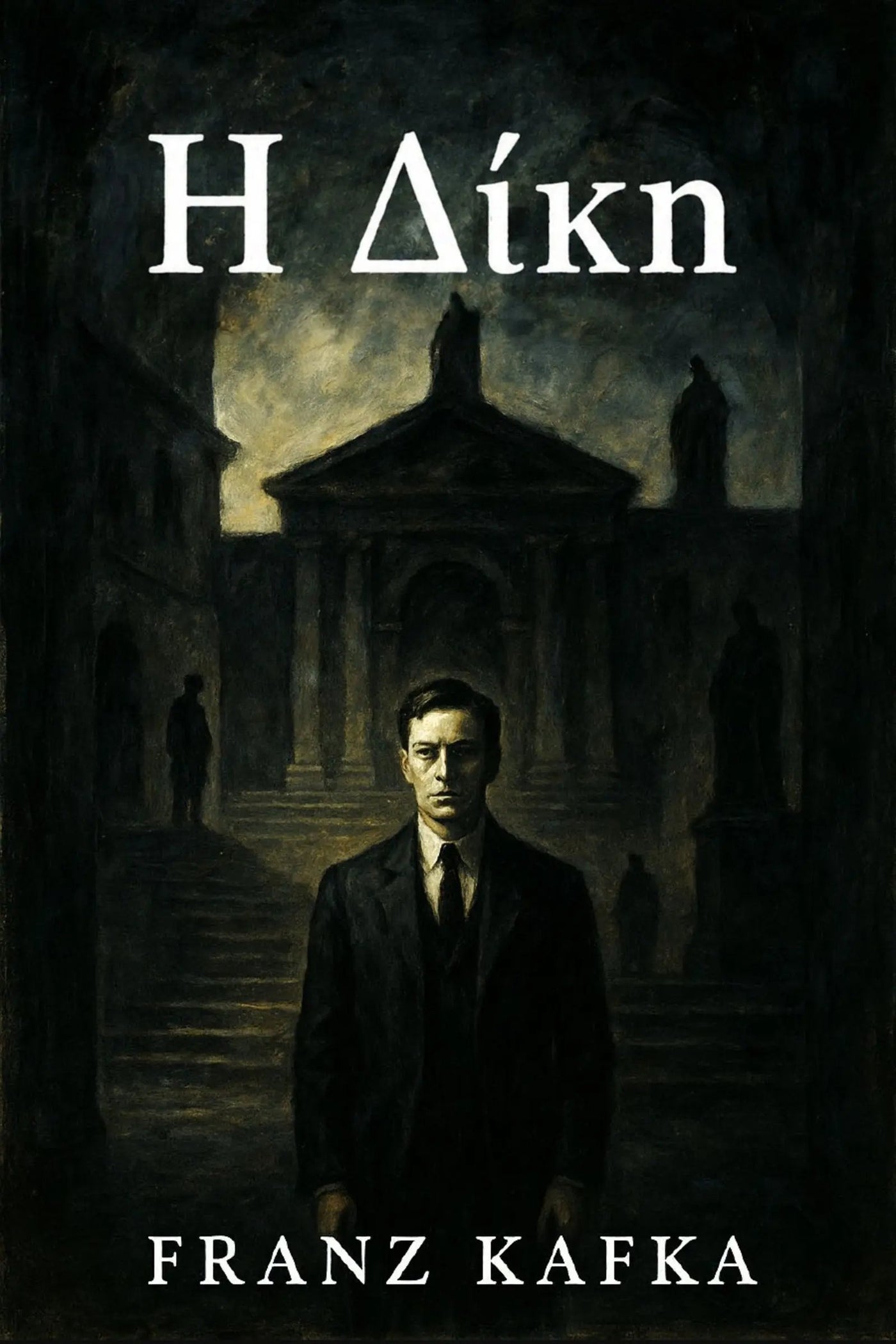 Book cover for 'Η Δίκη' by Franz Kafka, featuring a dark, moody illustration of a man in a suit standing before a classical building.