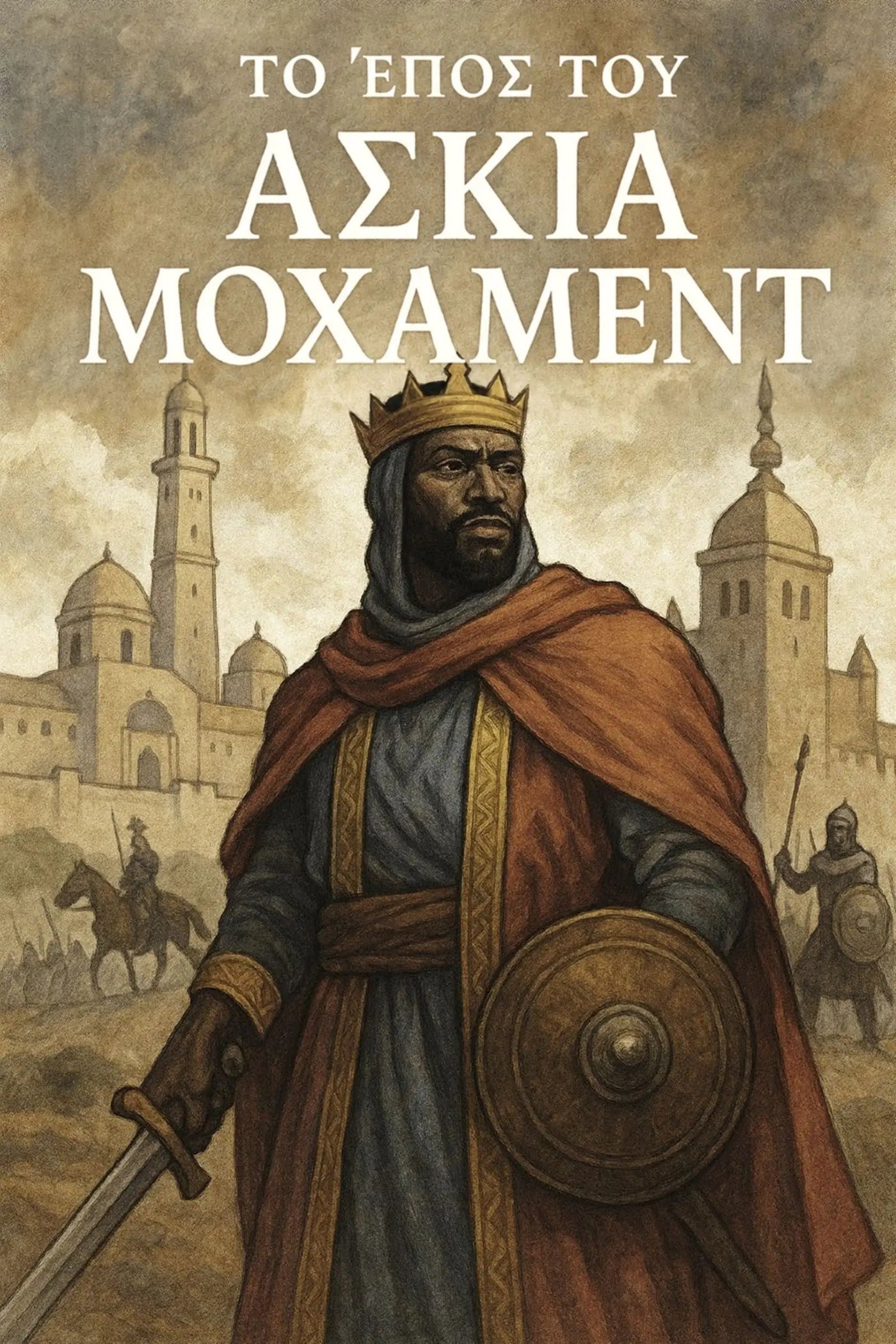 Book cover for 'Το Έπος του Ασκία Μοχάμεντ' featuring an illustrated medieval king in a crown and brown cloak holding a sword and shield, with a cityscape in the background.