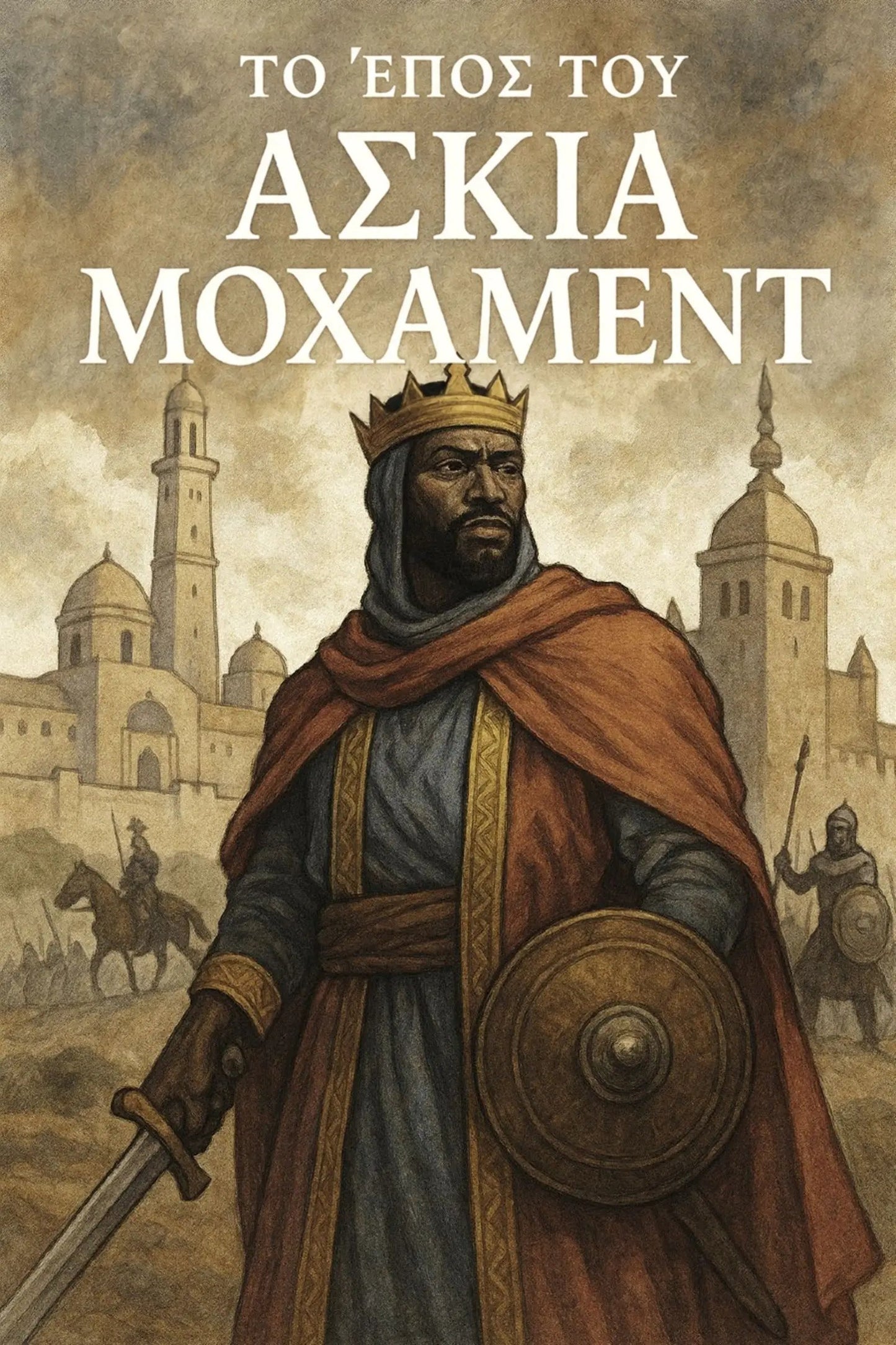Book cover for 'Το Έπος του Ασκία Μοχάμεντ' featuring an illustrated medieval king in a crown and brown cloak holding a sword and shield, with a cityscape in the background.