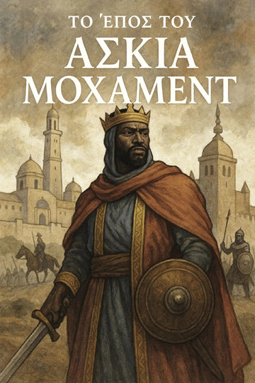 Book cover for 'Το Έπος του Ασκία Μοχάμεντ' featuring an illustrated medieval king in a crown and brown cloak holding a sword and shield, with a cityscape in the background.