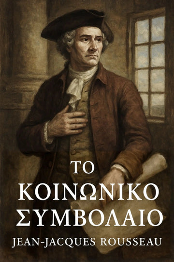 Book cover for 'Το κοινωνικό συμβόλαιο' by Jean-Jacques Rousseau, featuring a classical painting of Rousseau in historical attire against a dark brown background with white text.