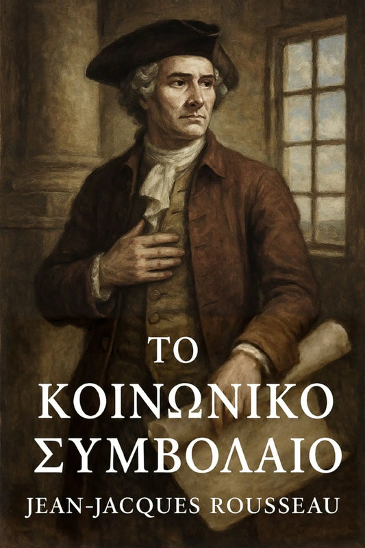 Book cover for 'Το κοινωνικό συμβόλαιο' by Jean-Jacques Rousseau, featuring a classical painting of Rousseau in historical attire against a dark brown background with white text.