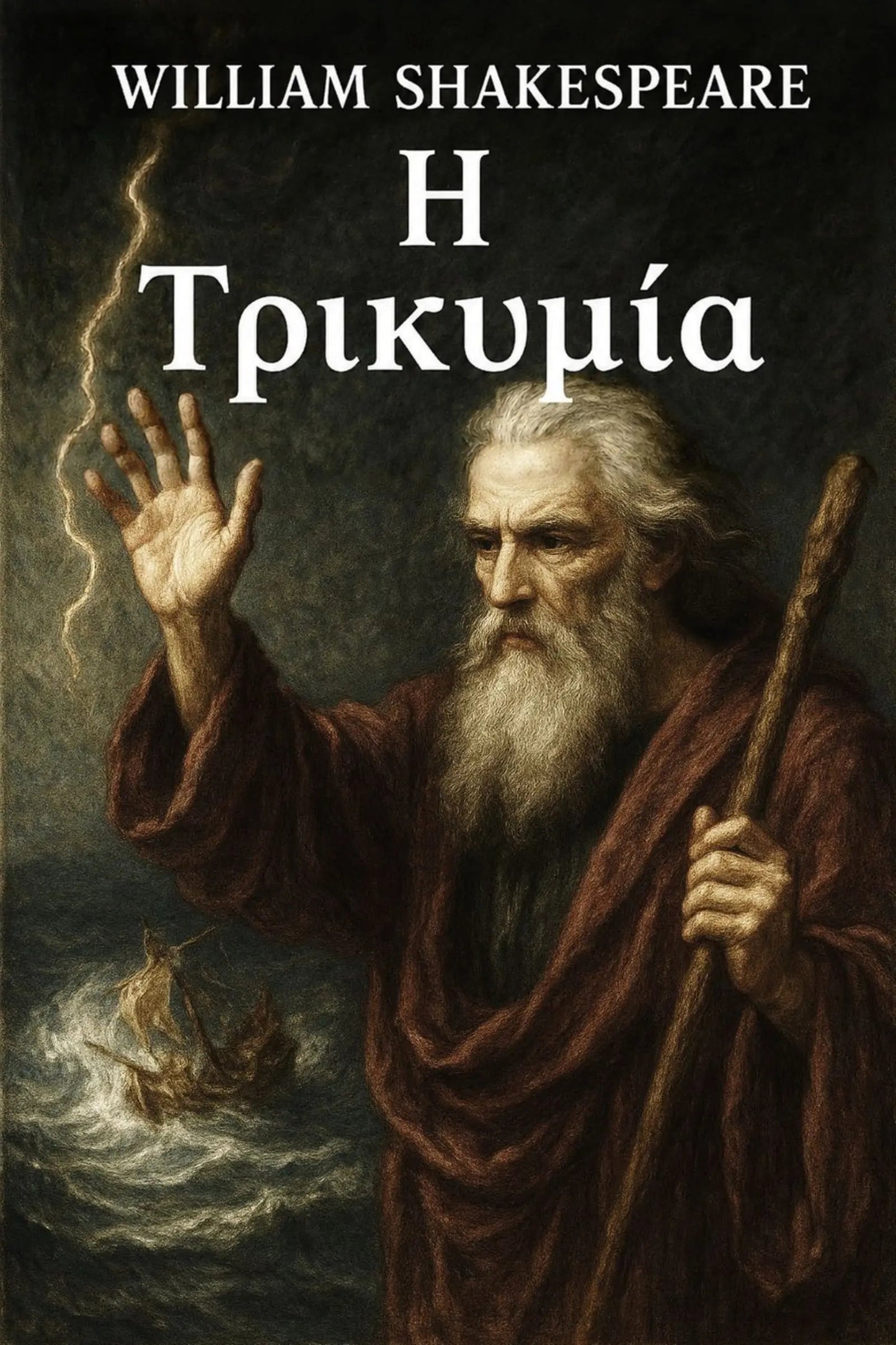Book cover for 'Η Τρικυμία' by William Shakespeare, featuring a classical painting of an elderly bearded man in a brown robe holding a staff and casting his hand toward lightning over stormy seas.