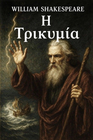 Book cover for 'Η Τρικυμία' by William Shakespeare, featuring a classical painting of an elderly bearded man in a brown robe holding a staff and casting his hand toward lightning over stormy seas.