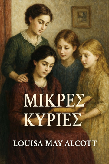 Book cover of 'Μικρές Κυρίες' by Louisa May Alcott featuring four women in a warm setting.