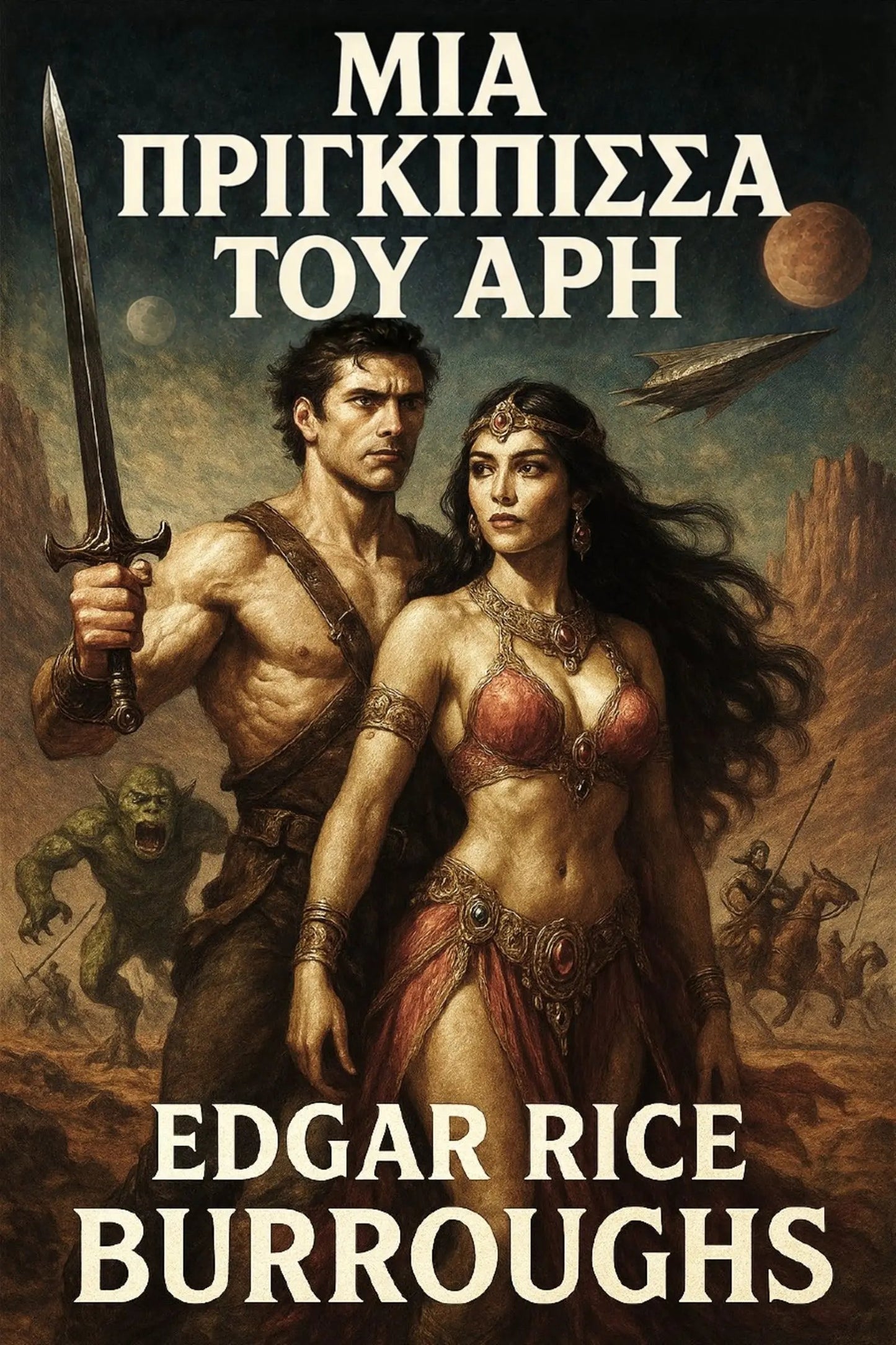 Book cover for 'Μια πριγκίπισσα του Άρη' by Edgar Rice Burroughs, featuring an illustrated scene of a muscular man holding a sword and a woman in a red and gold costume, with a spaceship and desert landscape in the background.