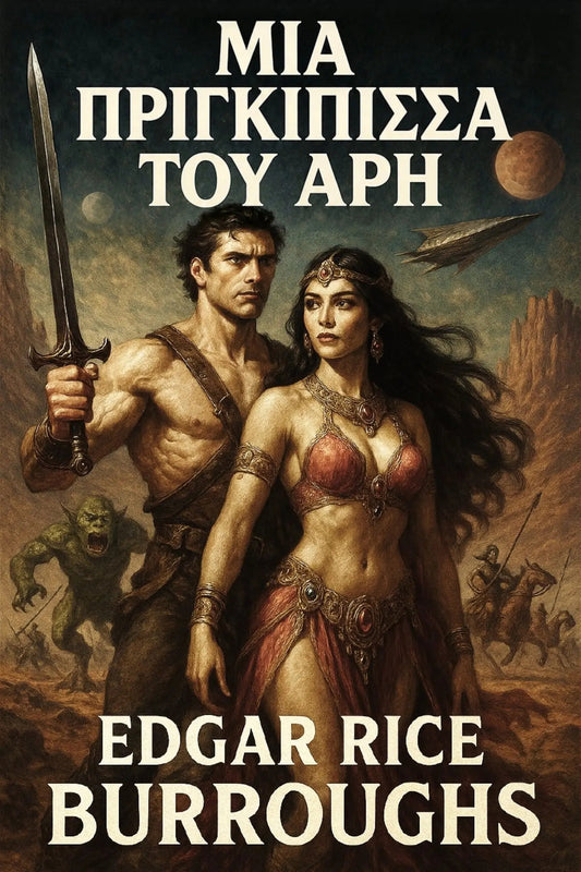 Book cover for 'Μια πριγκίπισσα του Άρη' by Edgar Rice Burroughs, featuring an illustrated scene of a muscular man holding a sword and a woman in a red and gold costume, with a spaceship and desert landscape in the background.