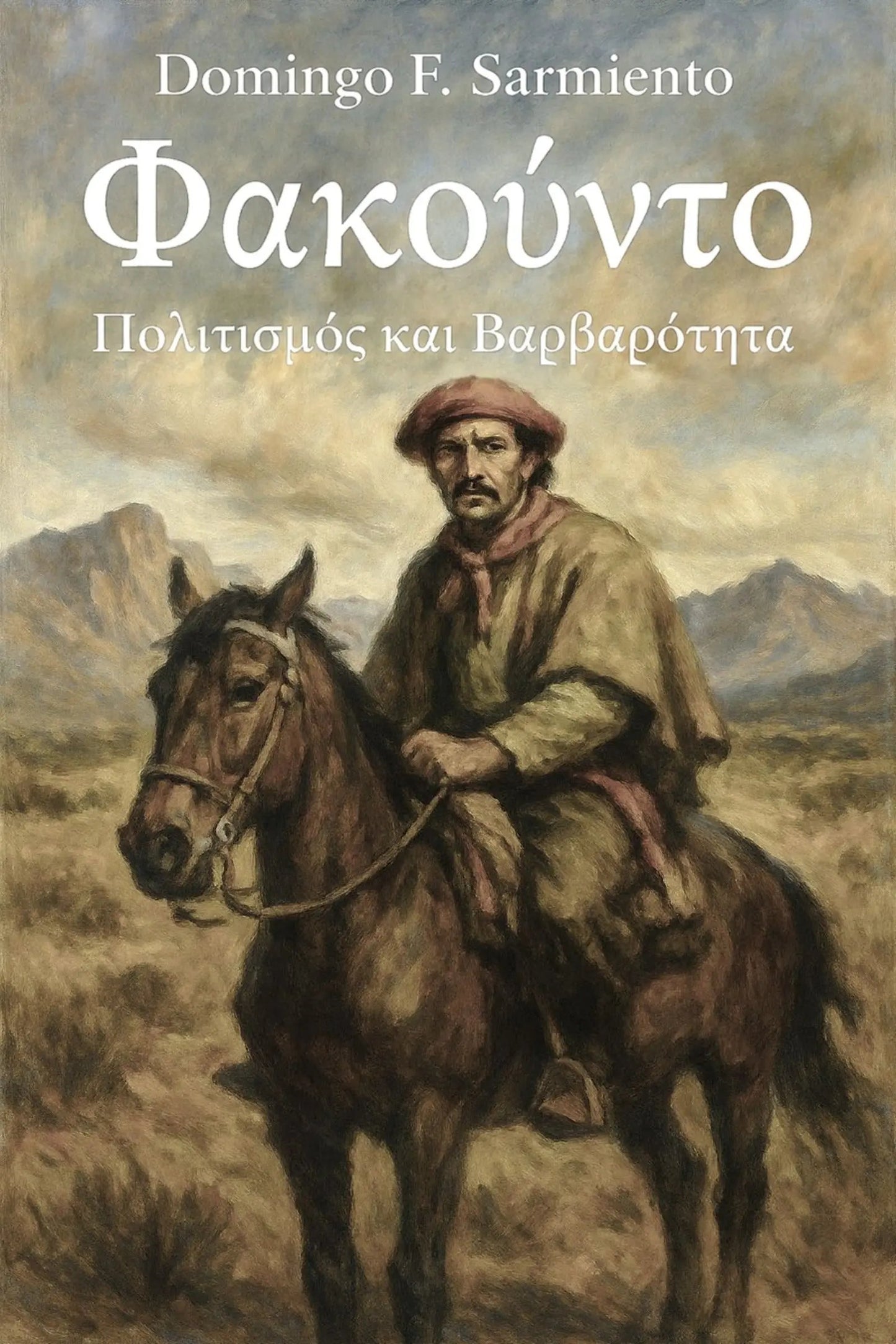 Book cover for 'Φακούντο: Πολιτισμός και Βαρβαρότητα' by Domingo F. Sarmiento, featuring a painted scene of a man riding a dark horse across a dry landscape under a cloudy sky.