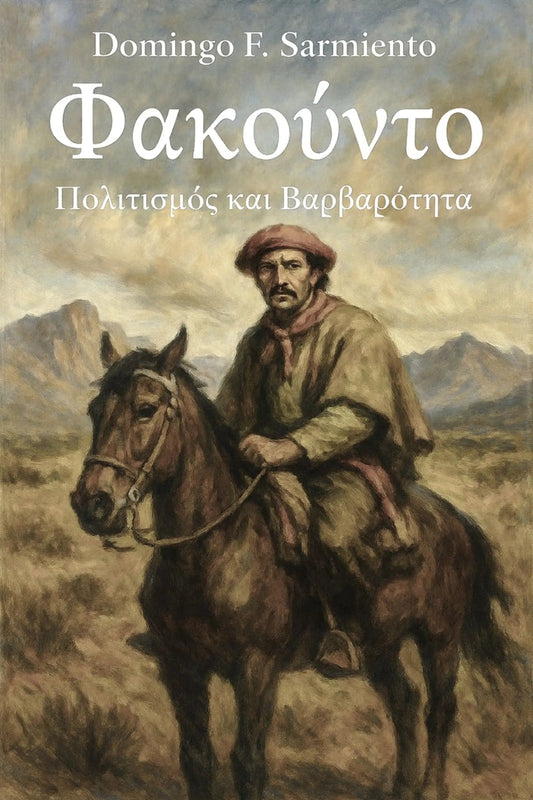 Book cover for 'Φακούντο: Πολιτισμός και Βαρβαρότητα' by Domingo F. Sarmiento, featuring a painted scene of a man riding a dark horse across a dry landscape under a cloudy sky.