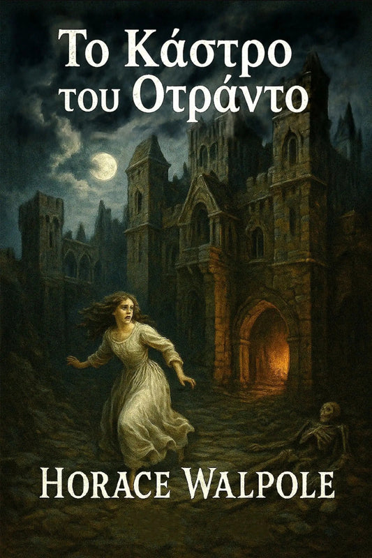 Book cover for 'Το Κάστρο του Οτράντο' by Horace Walpole, featuring a dark gothic castle under a full moon with a woman running in the foreground and a skeleton at the bottom right.