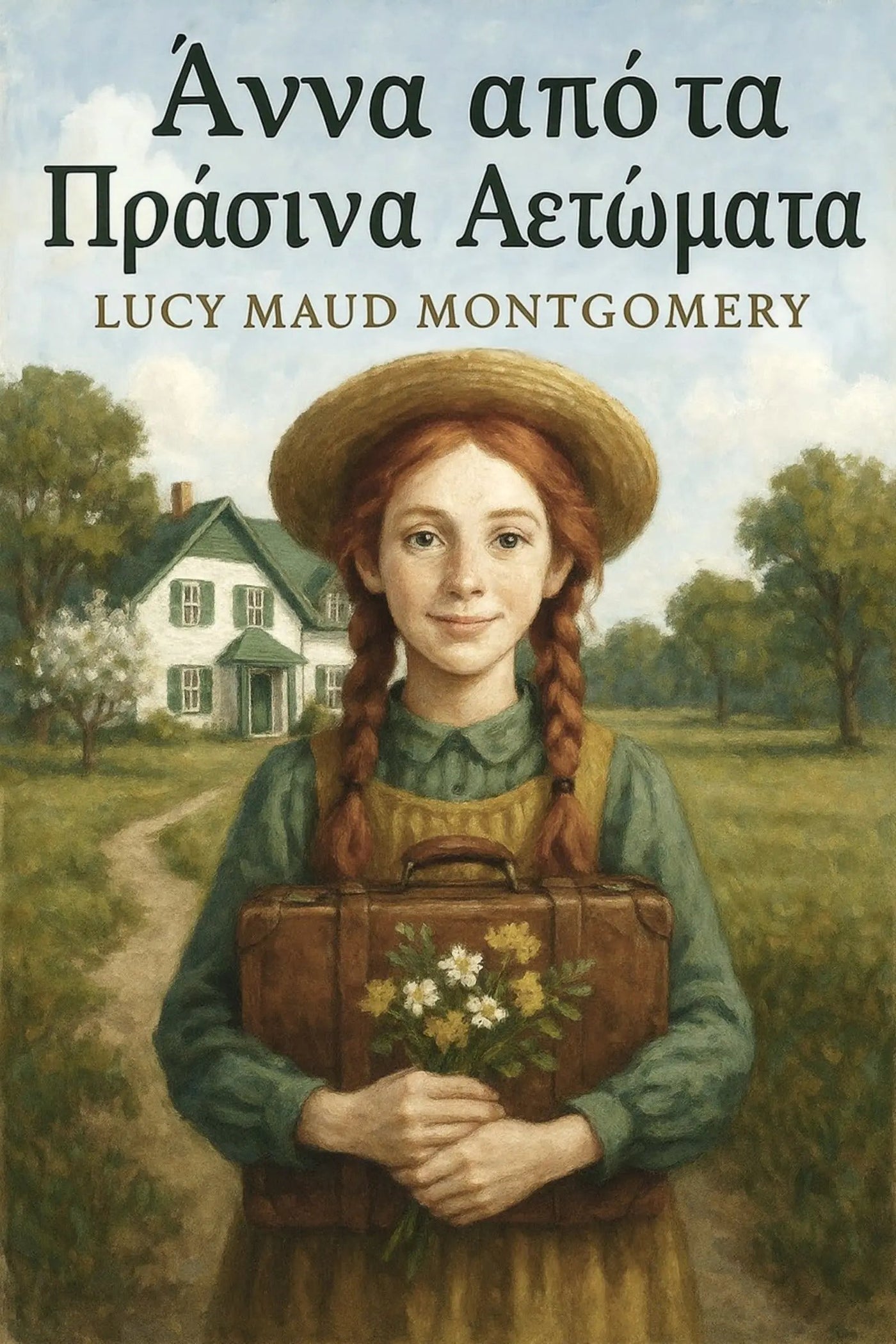 Book cover for 'Άννα από τα Πράσινα Αετώματα' by Lucy Maud Montgomery, featuring an illustration of a young girl with red braids holding a brown suitcase and flowers, standing in front of a white house on a grassy path.