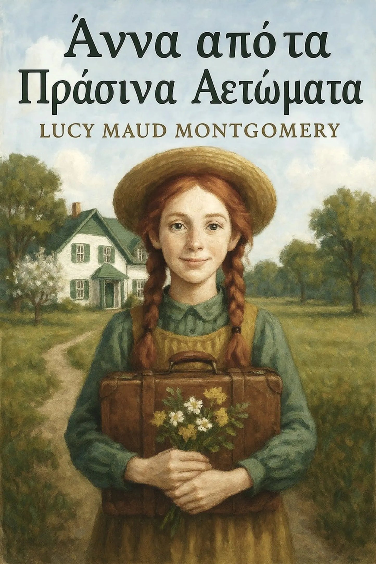 Book cover for 'Άννα από τα Πράσινα Αετώματα' by Lucy Maud Montgomery, featuring an illustration of a young girl with red braids holding a brown suitcase and flowers, standing in front of a white house on a grassy path.