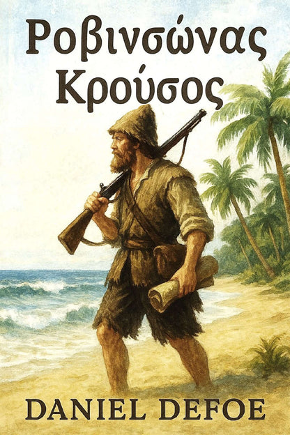 Book cover of 'Ροβινσώνας Κρούσος' by Daniel Defoe with a man on a beach and palm trees.