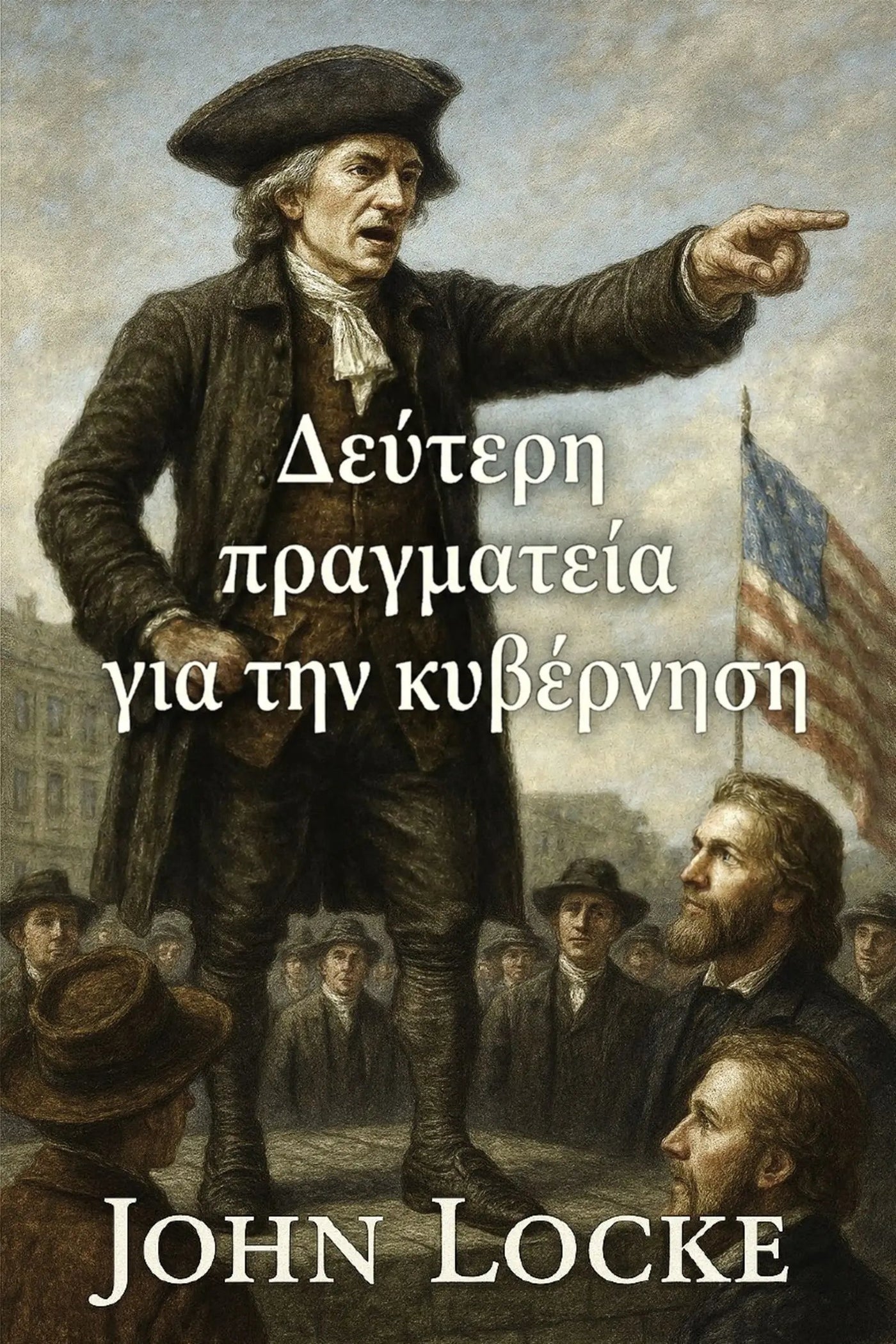 Book cover for 'Δεύτερη πραγματεία για την κυβέρνηση' featuring a historical painting of John Locke pointing outward