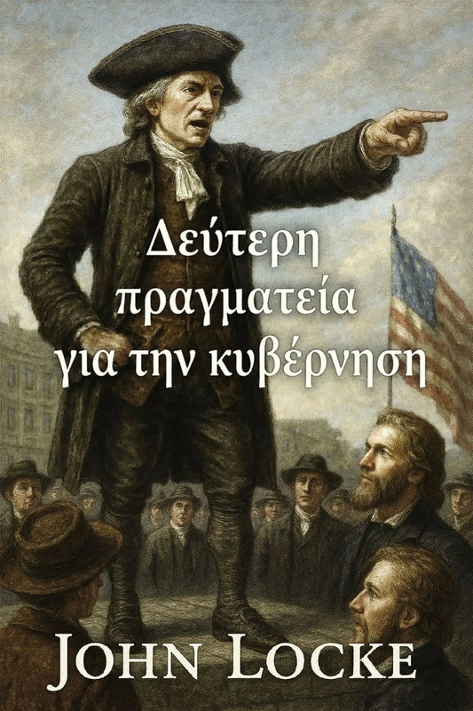 Book cover for 'Δεύτερη πραγματεία για την κυβέρνηση' featuring a historical painting of John Locke pointing outward