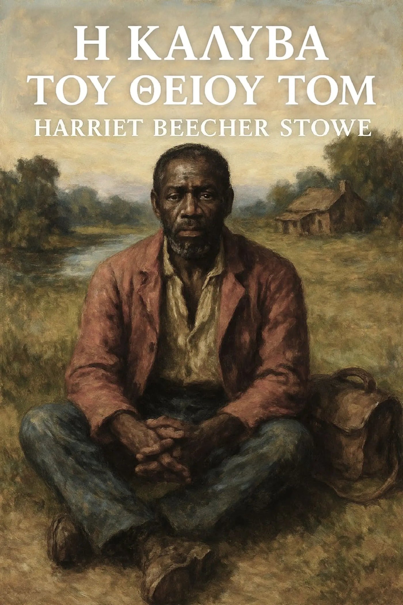Book cover for 'Η καλύβα του θείου Τομ' by Harriet Beecher Stowe, featuring a painted seated man in a rust-brown jacket and blue jeans in an outdoor landscape, with white title text at the top.