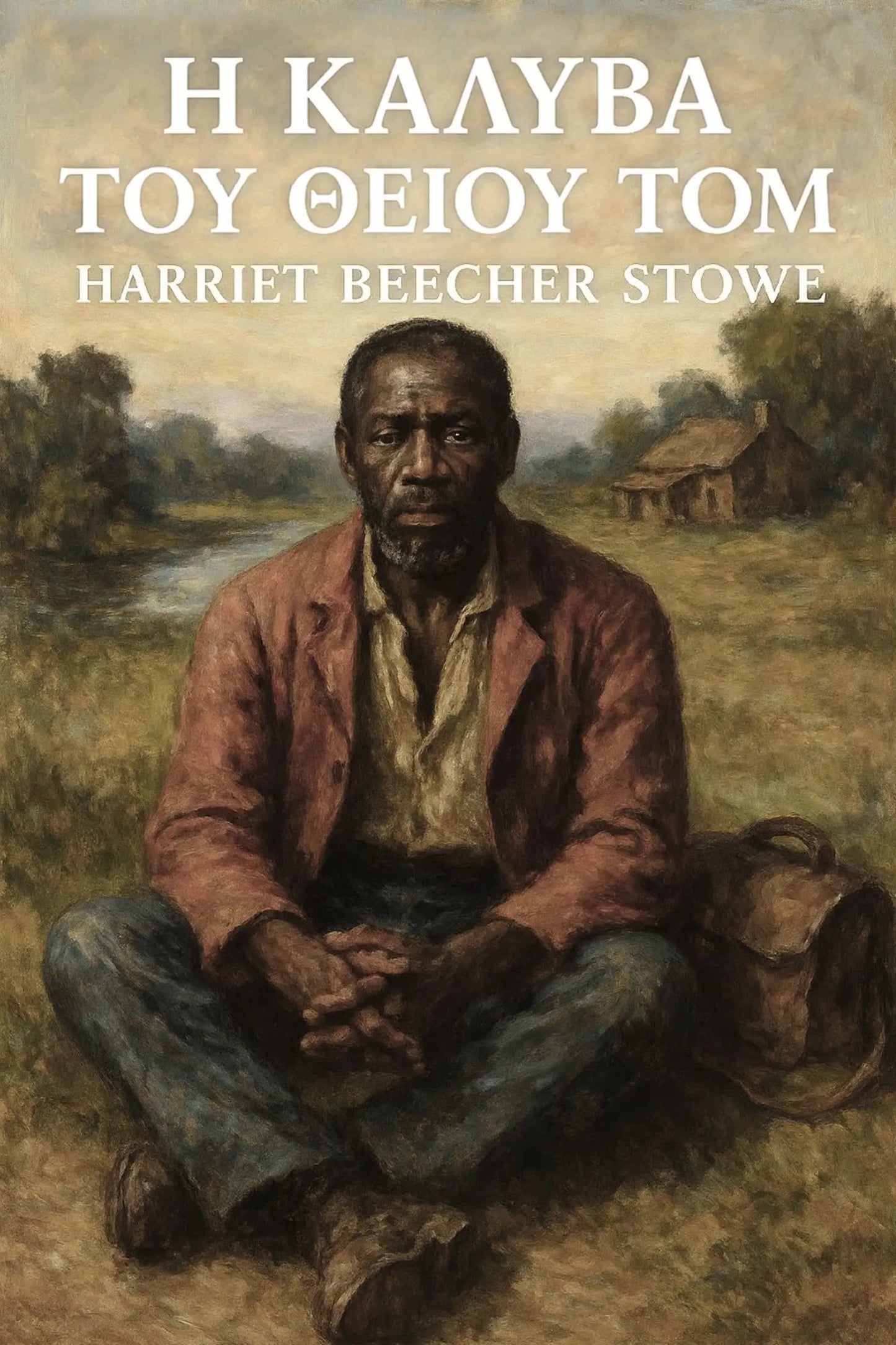 Book cover for 'Η καλύβα του θείου Τομ' by Harriet Beecher Stowe, featuring a painted seated man in a rust-brown jacket and blue jeans in an outdoor landscape, with white title text at the top.