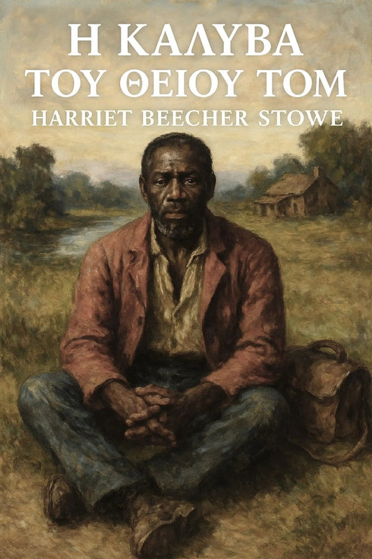 Book cover for 'Η καλύβα του θείου Τομ' by Harriet Beecher Stowe, featuring a painted seated man in a rust-brown jacket and blue jeans in an outdoor landscape, with white title text at the top.