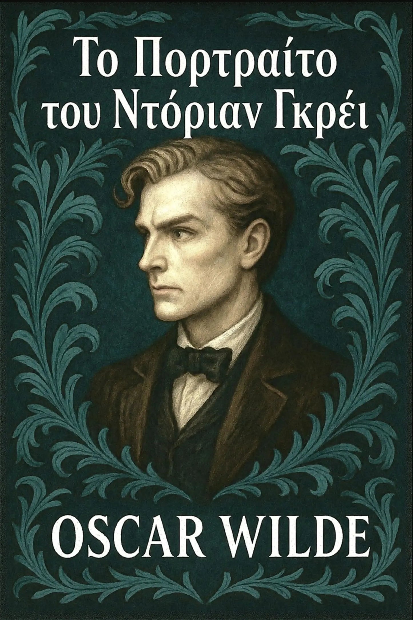 Book cover for 'Το Πορτραίτο του Ντόριαν Γκρέι' by Oscar Wilde, featuring a painted portrait of a young man in profile against a dark teal background with ornate decorative borders and white text.