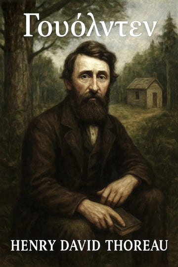 A book cover for 'Γουόλντεν' featuring a painted portrait of Henry David Thoreau in a forest setting.