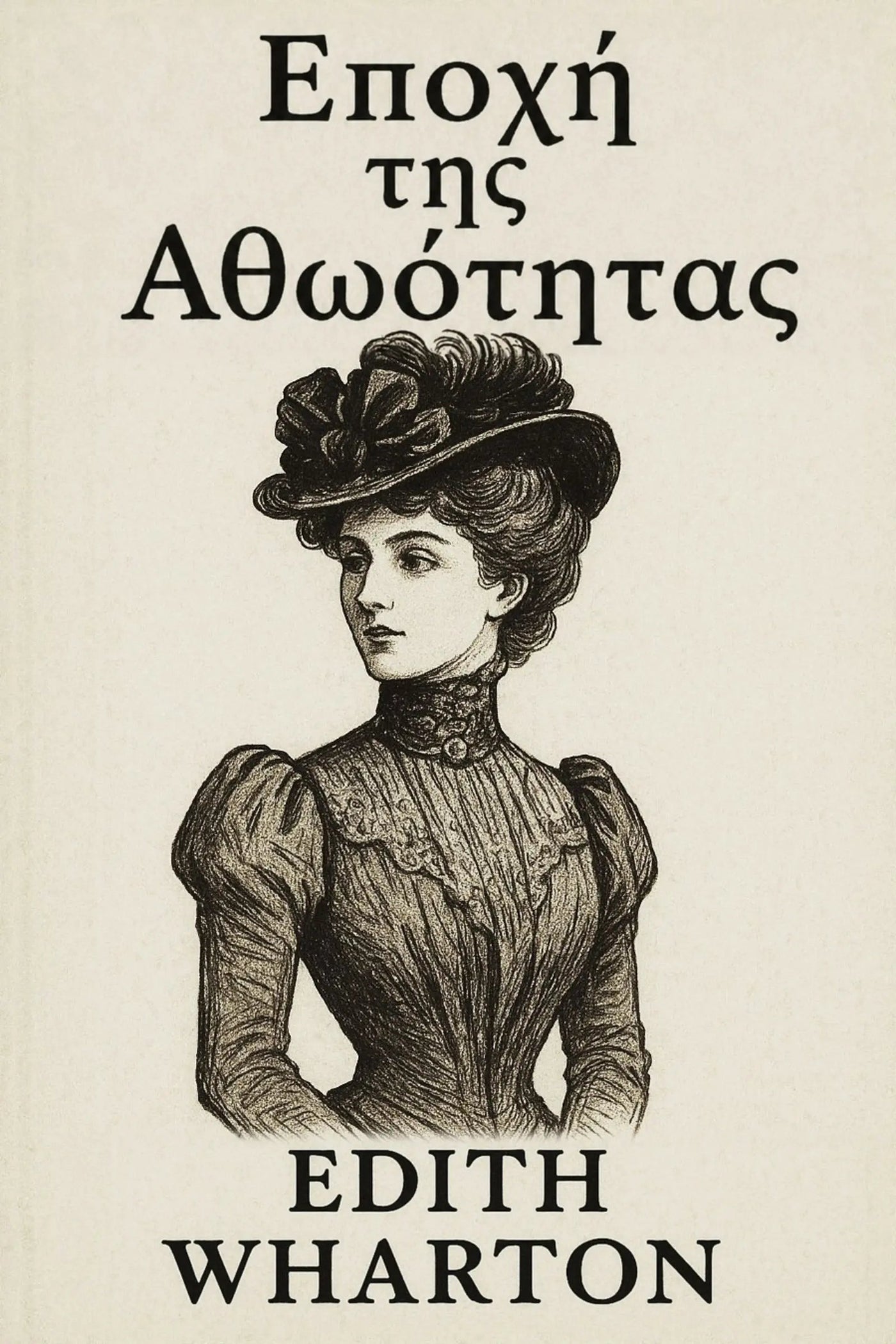 Vintage book cover for 'Εποχή της Αθωότητας' by Edith Wharton, featuring a black ink illustration of a Victorian woman in a high-neck dress and hat on an off-white background.