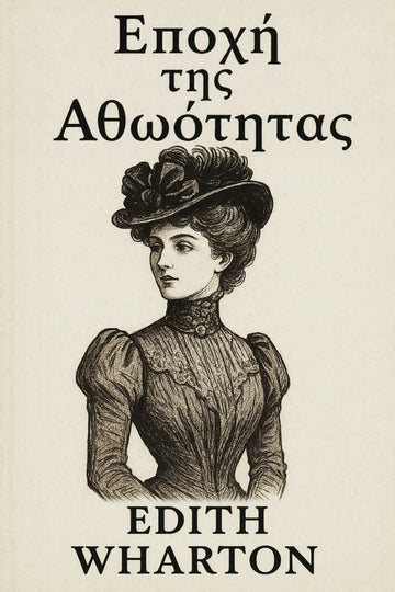 Vintage book cover for 'Εποχή της Αθωότητας' by Edith Wharton, featuring a black ink illustration of a Victorian woman in a high-neck dress and hat on an off-white background.