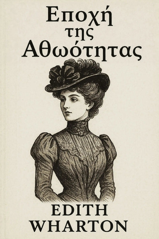 Vintage book cover for 'Εποχή της Αθωότητας' by Edith Wharton, featuring a black ink illustration of a Victorian woman in a high-neck dress and hat on an off-white background.