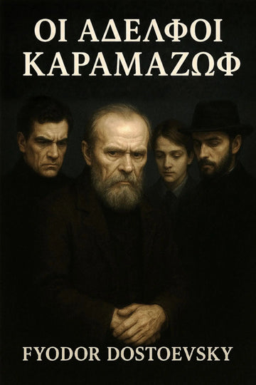 Book cover for 'Οι Αδελφοί Καραμαζώφ' (The Brothers Karamazov) by Fyodor Dostoevsky, featuring a dark, moody portrait of four men in black clothing against a black background, with cream-colored text.
