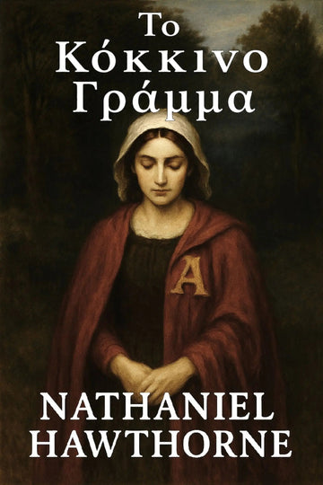 Book cover for 'Το Κόκκινο Γράμμα' by Nathaniel Hawthorne, featuring a classical painting of a woman in a red cloak with a gold letter 'A' on her chest, set against a dark background.