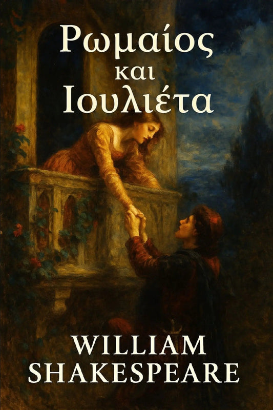 Book cover for William Shakespeare's 'Ρωμαίος και Ιουλιέτα' in Greek, featuring a classical painting of the balcony scene with the title in white serif text.