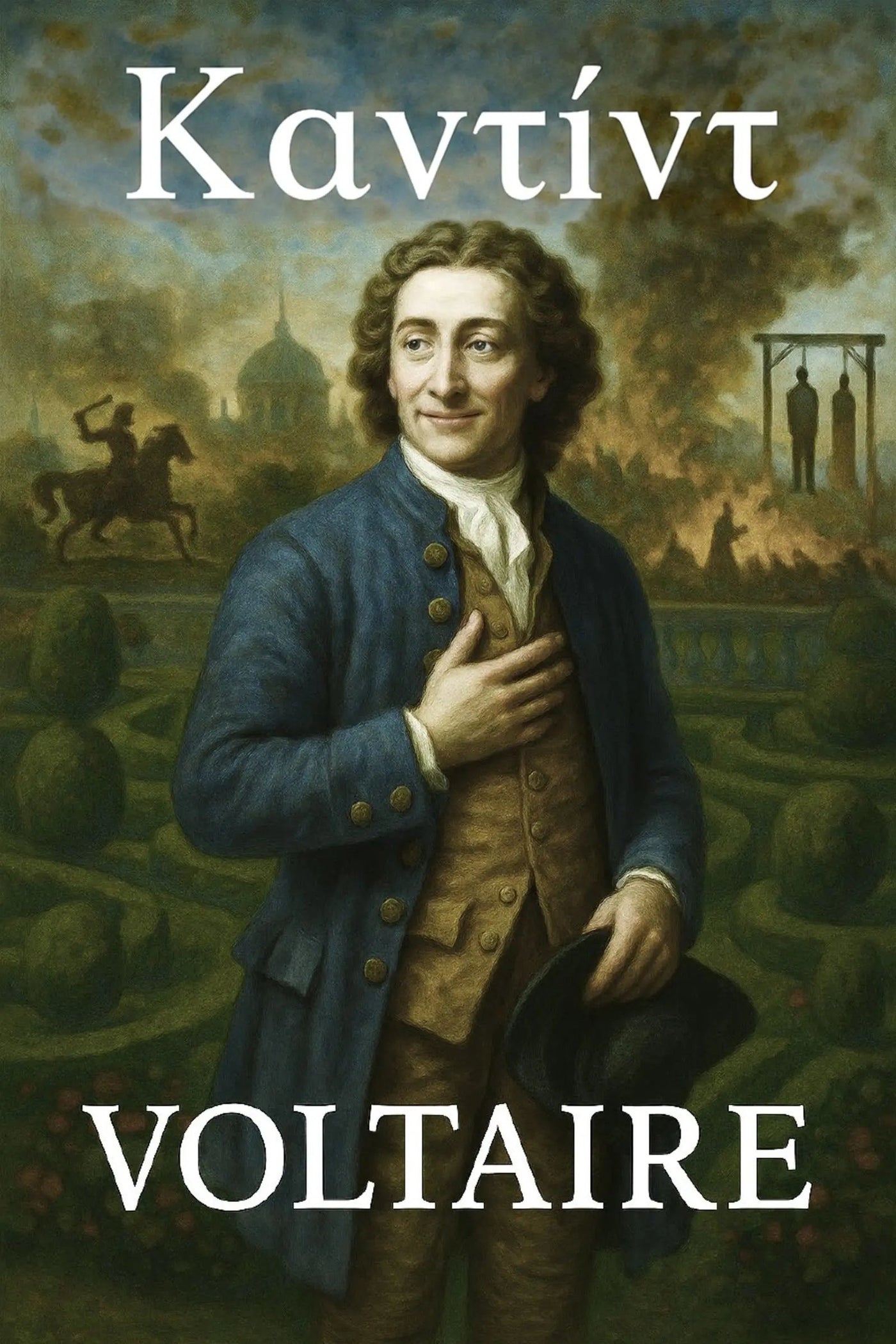 Book cover for 'Καντίντ' by Voltaire, featuring a classical portrait of Voltaire in a blue coat against a historical garden and execution scene background.
