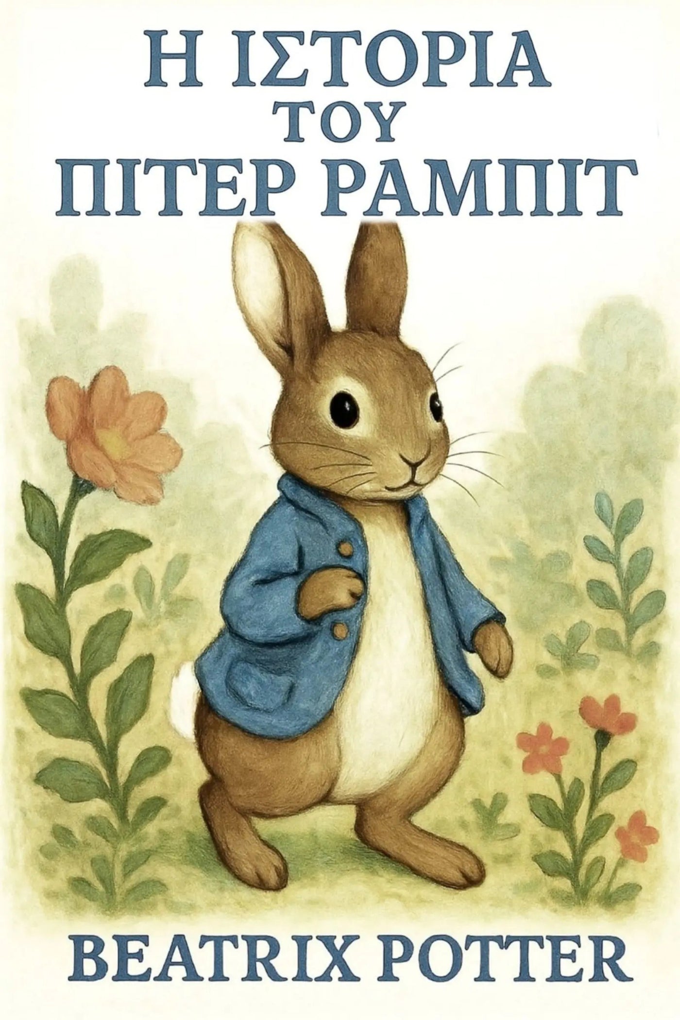 Greek book cover for 'Η ιστορία του Πίτερ Ράμπιτ' by Beatrix Potter, featuring a classic illustration of Peter Rabbit in his blue jacket surrounded by green foliage and small flowers on a cream background.