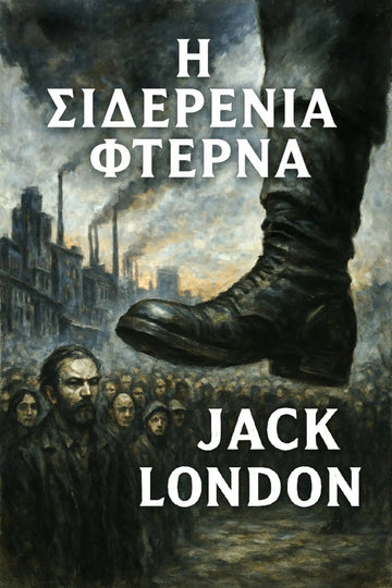 Book cover for 'Η Σιδερένια Φτέρνα' by Jack London, featuring a dark, dramatic painting of a large boot over a crowd in an industrial city scene, with the title and author name in white text.