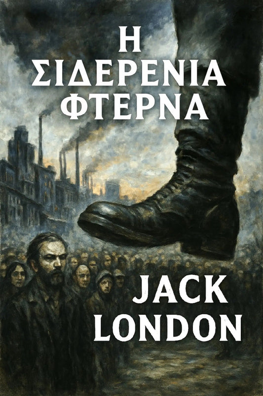 Book cover for 'Η Σιδερένια Φτέρνα' by Jack London, featuring a dark, dramatic painting of a large boot over a crowd in an industrial city scene, with the title and author name in white text.