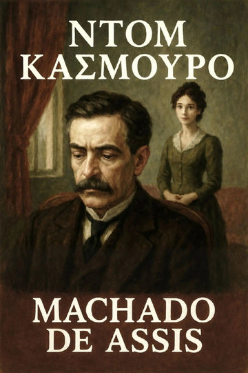 Book cover for 'Ντομ Κασμούρο' featuring a painted portrait of a man with a mustache and a woman in the background.