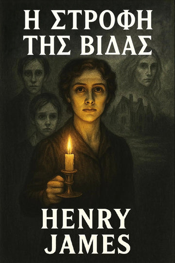 Book cover for 'Η Στροφή της Βίδας' by Henry James, featuring a dark illustration of a young woman holding a lit candle, with ghostly faces in the background and white Greek text.