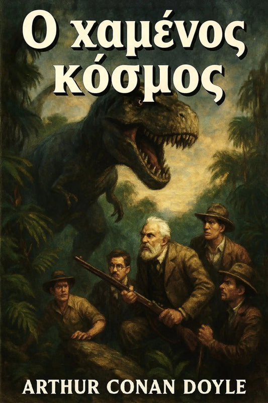 Book cover for 'Ο χαμένος κόσμος' featuring a dramatic illustration of a T-rex looming over four explorers in a jungle scene.