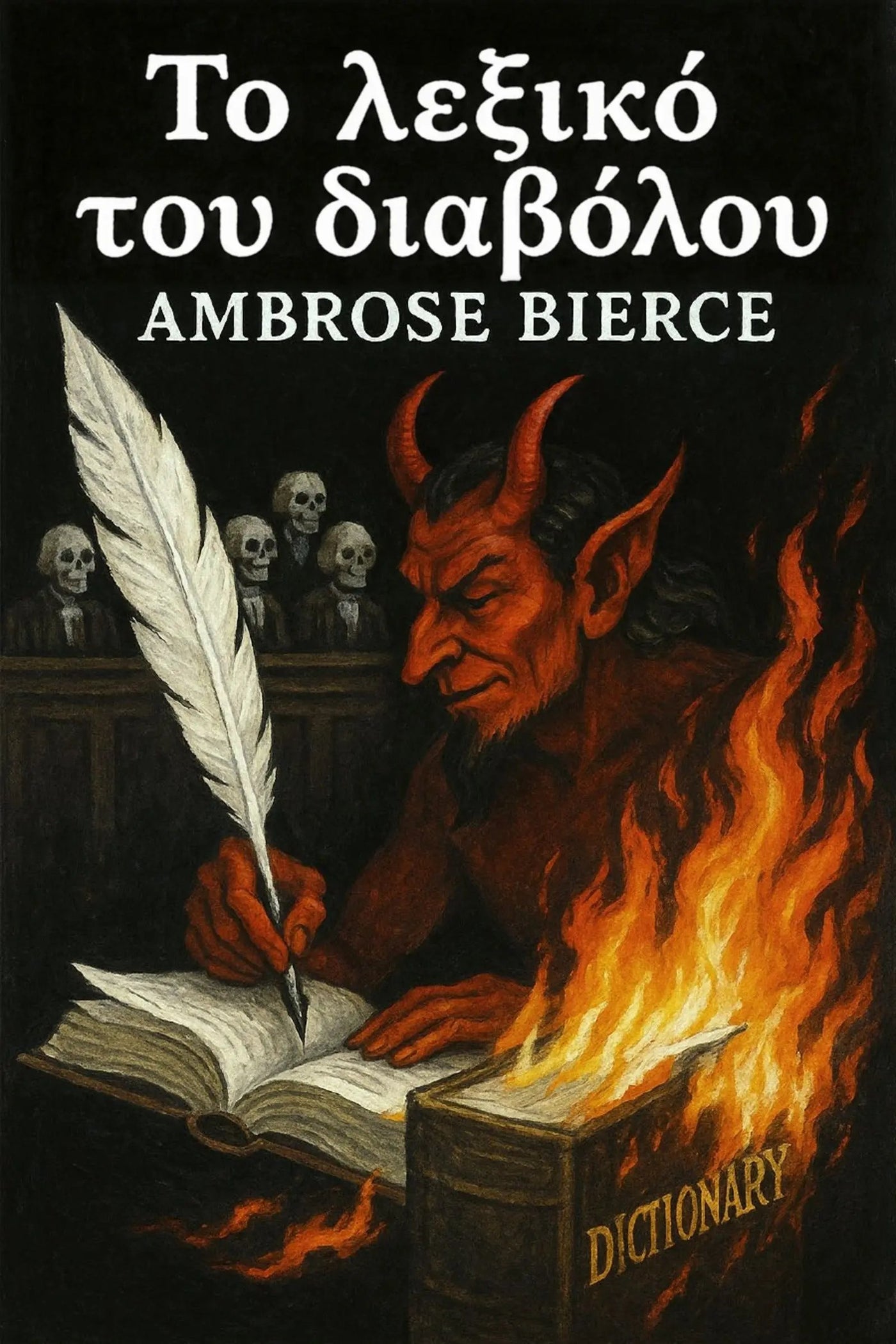 Greek book cover for 'Το λεξικό του διαβόλου' by Ambrose Bierce, featuring an illustration of a red demon writing in a burning dictionary with a large white feather quill.