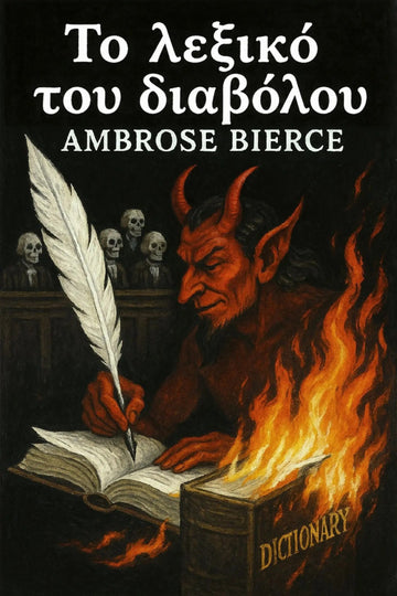 Greek book cover for 'Το λεξικό του διαβόλου' by Ambrose Bierce, featuring an illustration of a red demon writing in a burning dictionary with a large white feather quill.