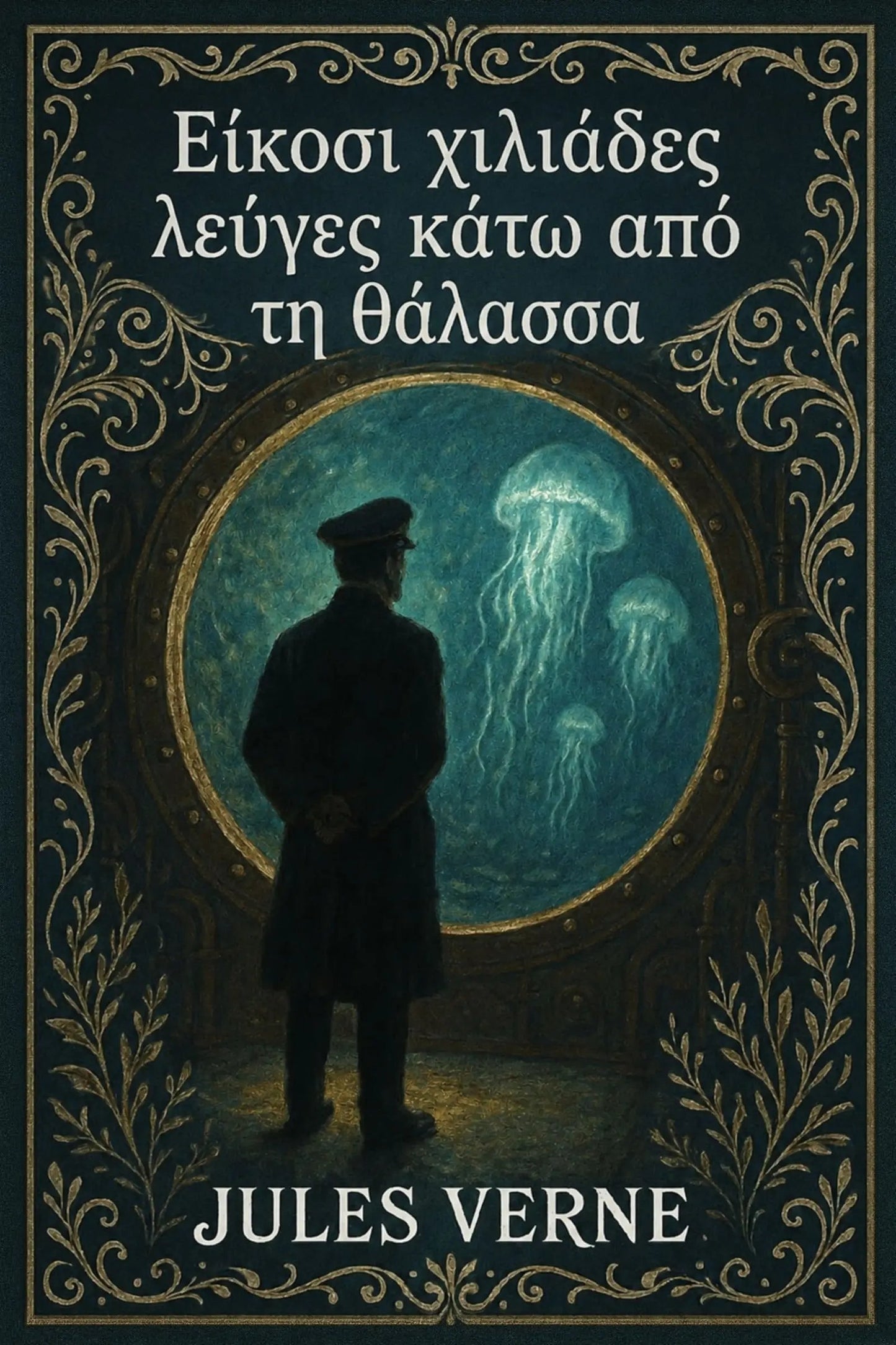Book cover for Jules Verne's 'Είκοσι χιλιάδες λεύγες κάτω από τη θάλασσα' featuring a dark illustration of a sailor looking out at glowing jellyfish from an ocean view, framed by ornate gold borders on a dark background.