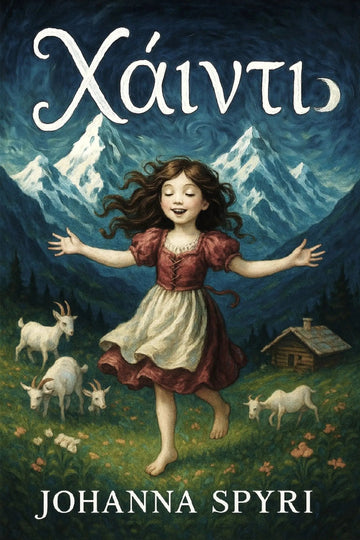 Book cover for 'Χάιντι' by Johanna Spyri, featuring an illustration of a young girl in a red and cream dress dancing in a mountain meadow with goats and a small cabin.