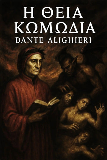 Book cover for 'Η Θεία Κωμωδία' by Dante Alighieri, featuring a dark, classical painting of Dante in a red robe holding an open book, surrounded by shadowy figures against a dark background.