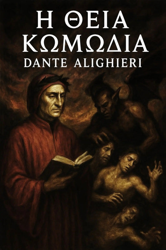 Book cover for 'Η Θεία Κωμωδία' by Dante Alighieri, featuring a dark, classical painting of Dante in a red robe holding an open book, surrounded by shadowy figures against a dark background.