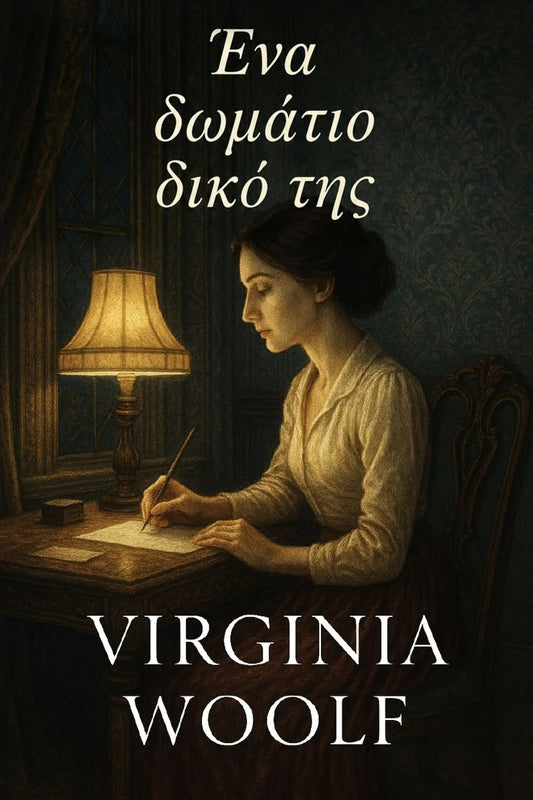 Book cover for 'Ένα δωμάτιο δικό της' by Virginia Woolf, featuring a woman writing at a desk under a warm lamp in a dark room.